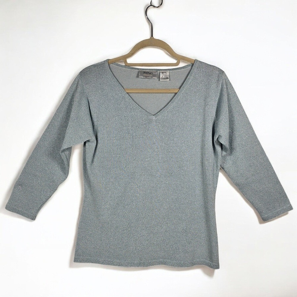 Kevo Collection Womens Top Blue Sparkle Silk Lurex V Neck 3/4 Sleeve Size Medium